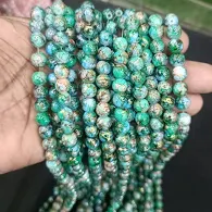 Printed Glass Beads,Sea Blue with Green And Gold Foiled ,30″(100 Beads Approx